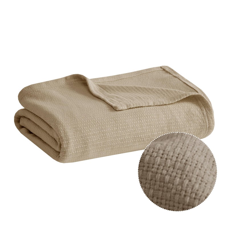 Madison Park Freshspun Basketweave Luxury Cotton Blanket Khaki 108x90" King Size Basketweave Premium Soft Cozy 100% Cotton For Bed, Couch or Sofa - Image 1